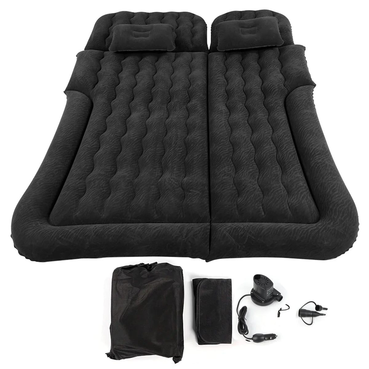 2-in-1 Car Inflatable Mattress Soft PVC Flocking Travel Bed with Pump Black