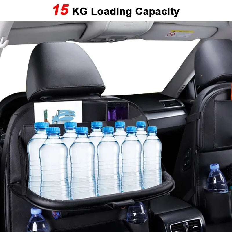 Car Seat Back Organizer with Foldable Table Tray PU Leather Storage Black