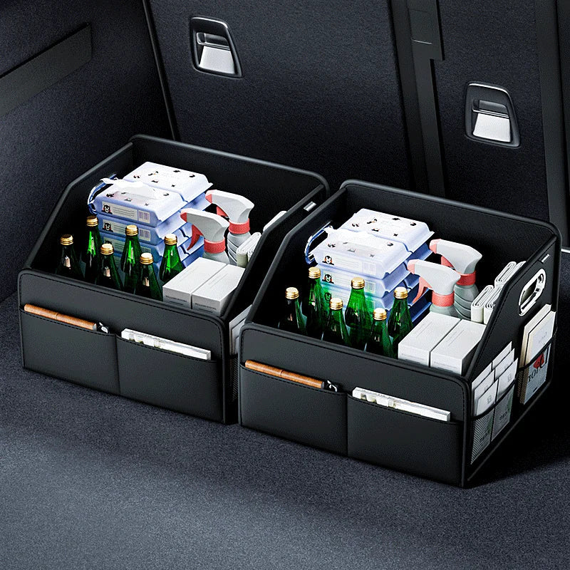PU Leather Car Trunk Organizer Folding & Collapsible Cargo Storage Box Black