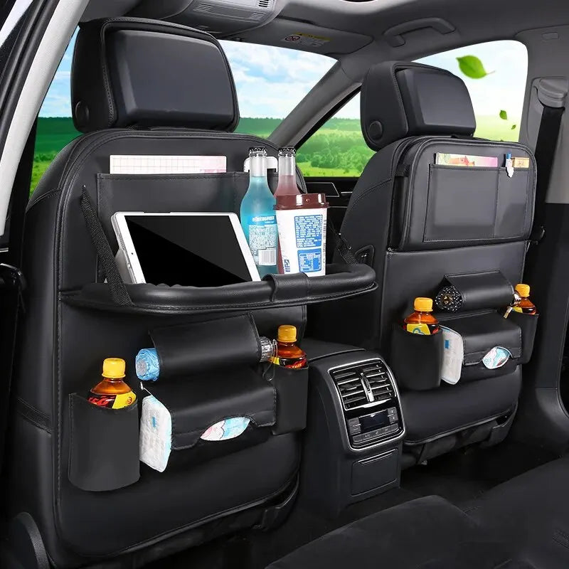 Car Seat Back Organizer with Foldable Table Tray PU Leather Storage Black